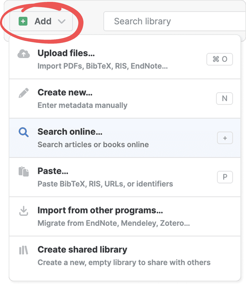 The circled Add menu open with “Search online… — Search articles or books online” highlighted, between “Create new…” and “Paste…”, each option showing its keyboard shortcut.
